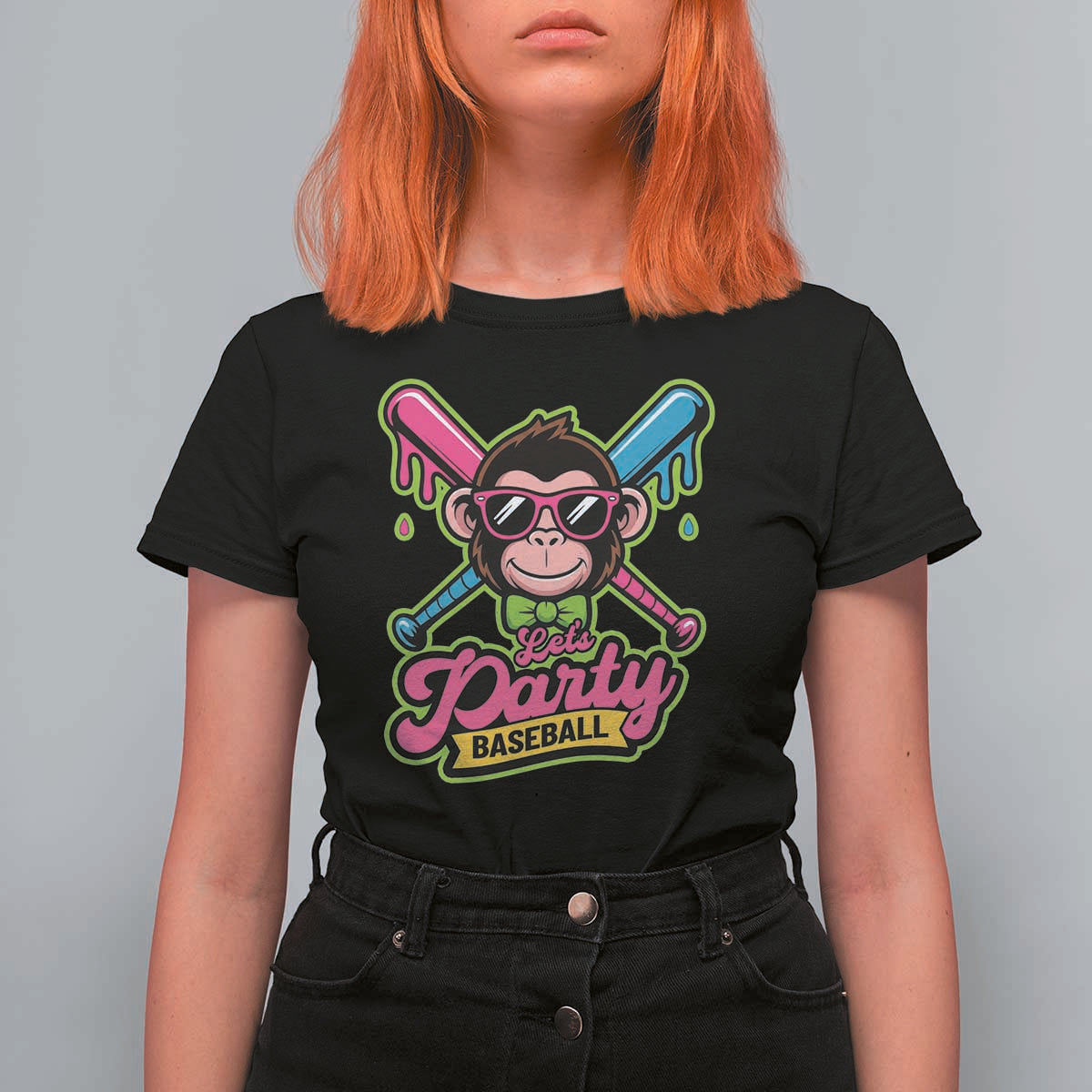 Lets Party Baseball Monkey Game Day T Shirt For Women Neon Dripping Bats Funny Baseball Fan Party Ball