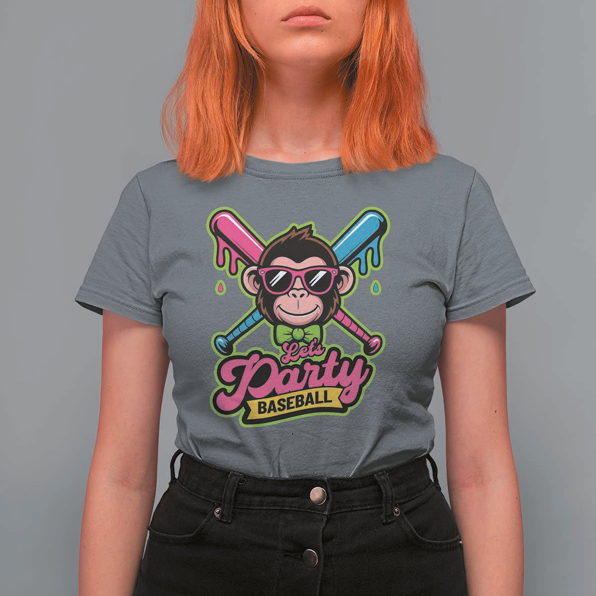 Lets Party Baseball Monkey Game Day T Shirt For Women Neon Dripping Bats Funny Baseball Fan Party Ball