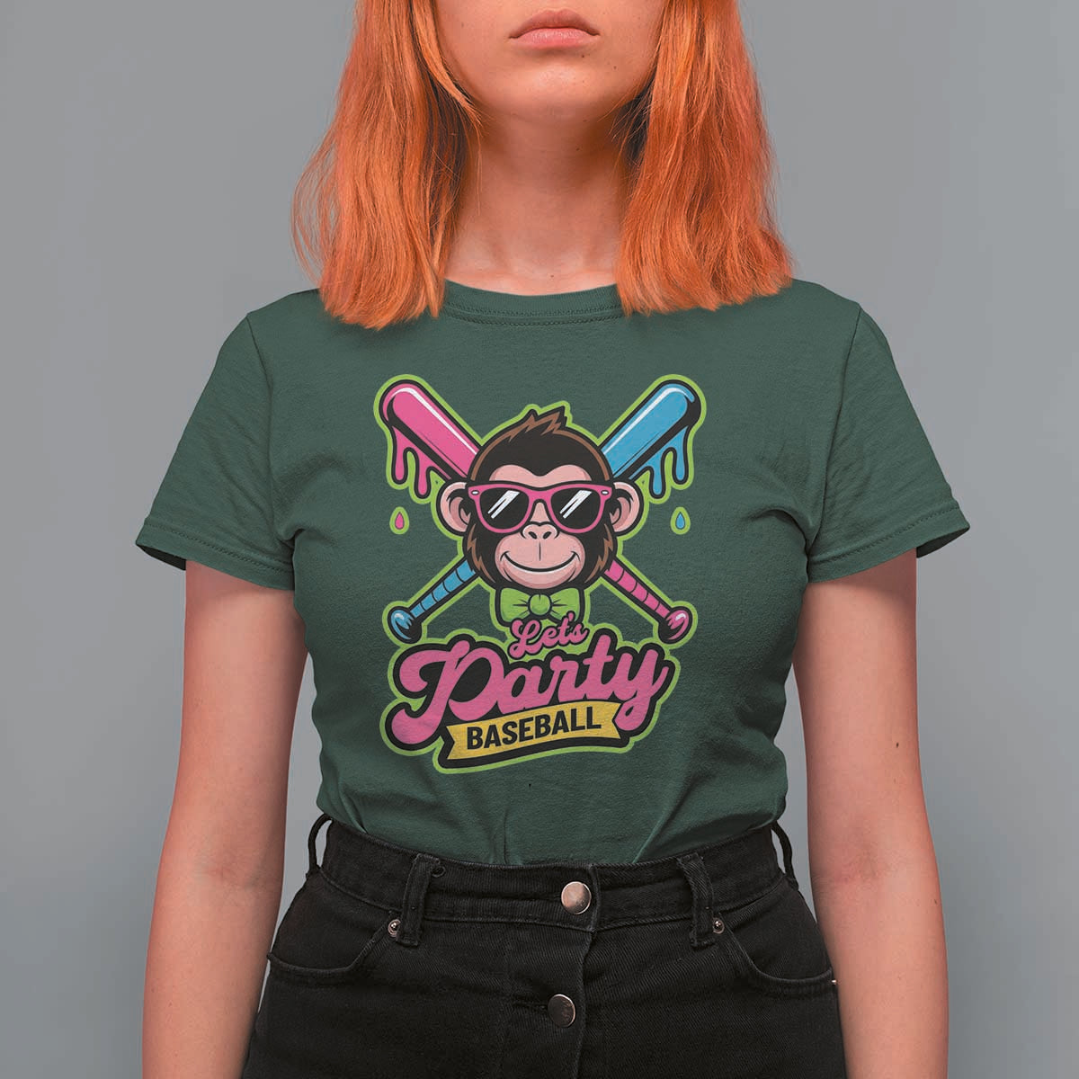 Lets Party Baseball Monkey Game Day T Shirt For Women Neon Dripping Bats Funny Baseball Fan Party Ball
