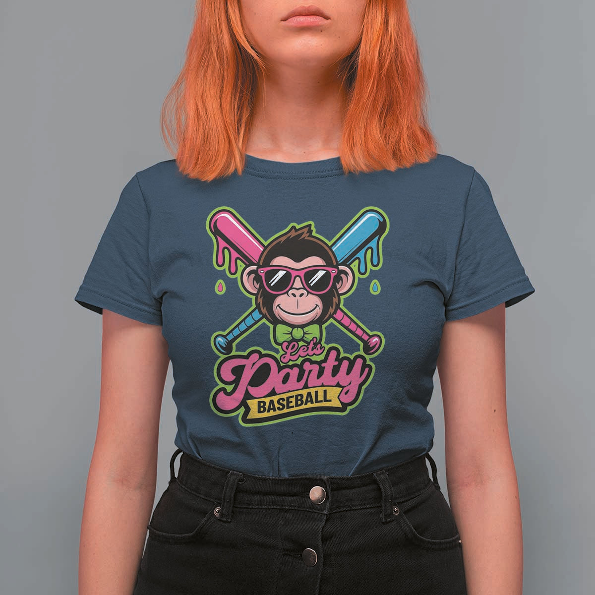 Lets Party Baseball Monkey Game Day T Shirt For Women Neon Dripping Bats Funny Baseball Fan Party Ball