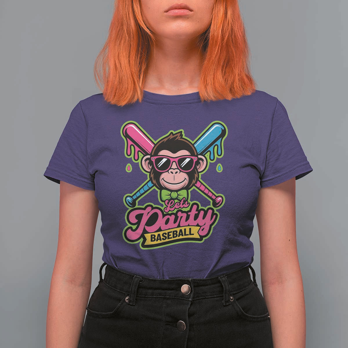Lets Party Baseball Monkey Game Day T Shirt For Women Neon Dripping Bats Funny Baseball Fan Party Ball