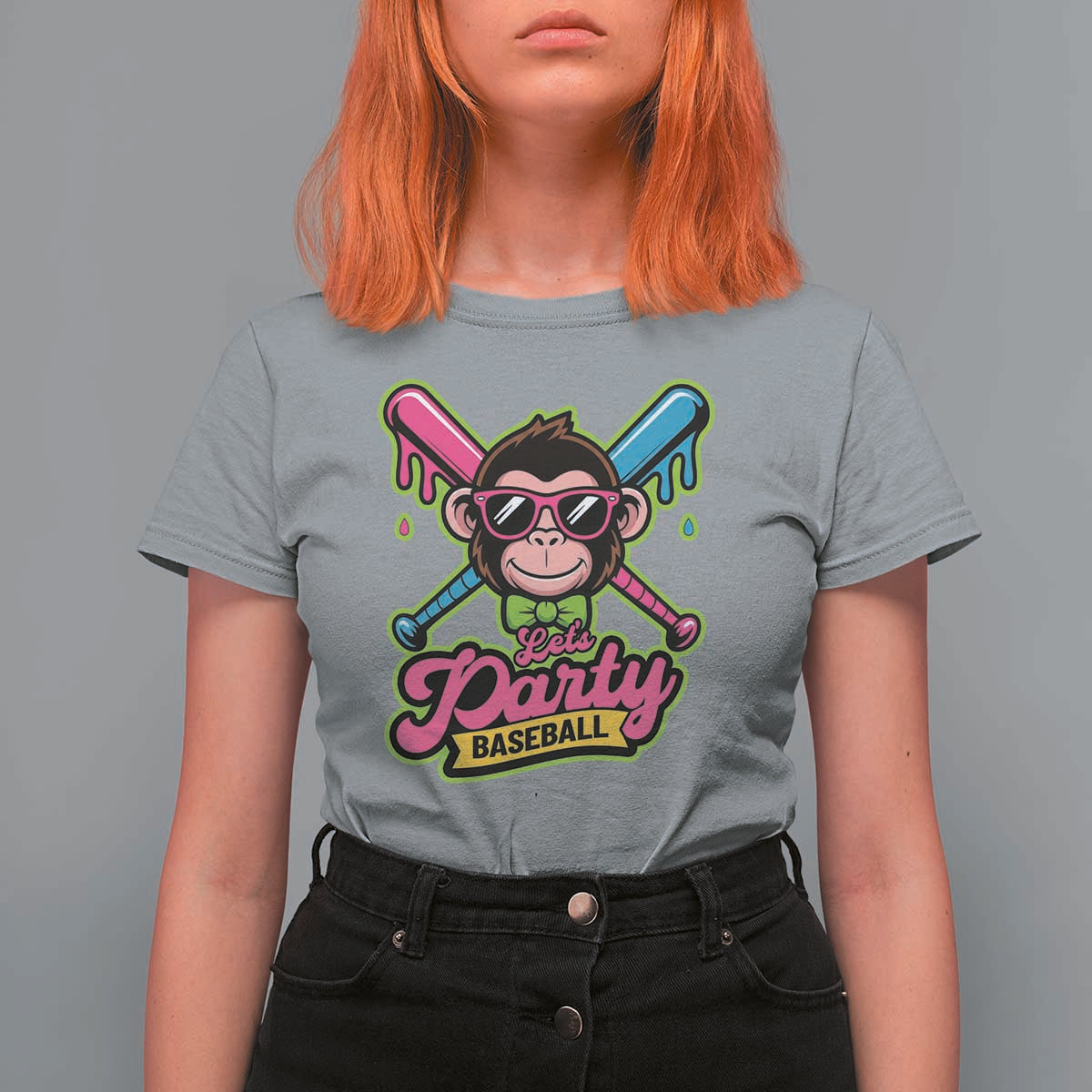 Lets Party Baseball Monkey Game Day T Shirt For Women Neon Dripping Bats Funny Baseball Fan Party Ball