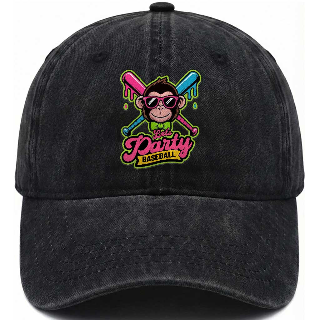 Lets Party Baseball Monkey Game Day Washed Cotton Baseball Cap Neon Dripping Bats Funny Baseball Fan Party Ball