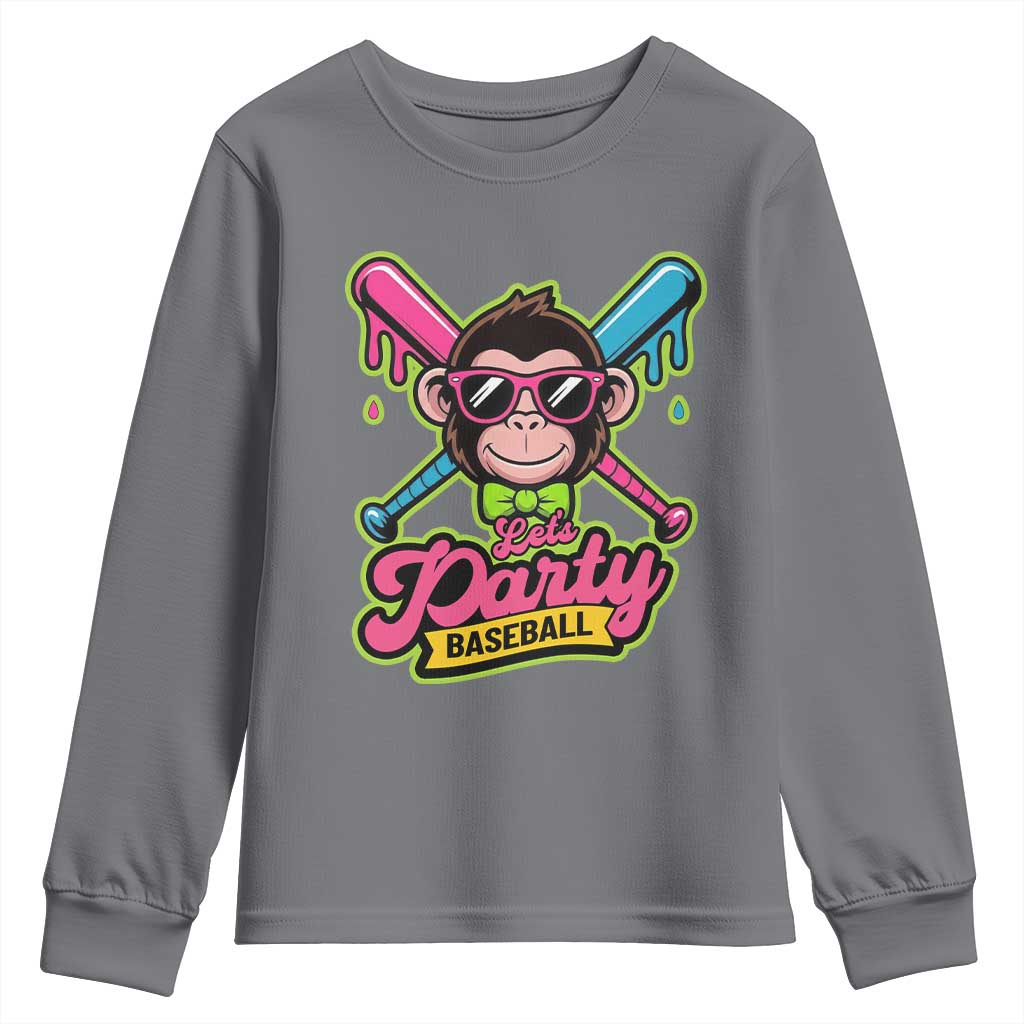 Lets Party Baseball Monkey Game Day Youth Sweatshirt Neon Dripping Bats Funny Baseball Fan Party Ball