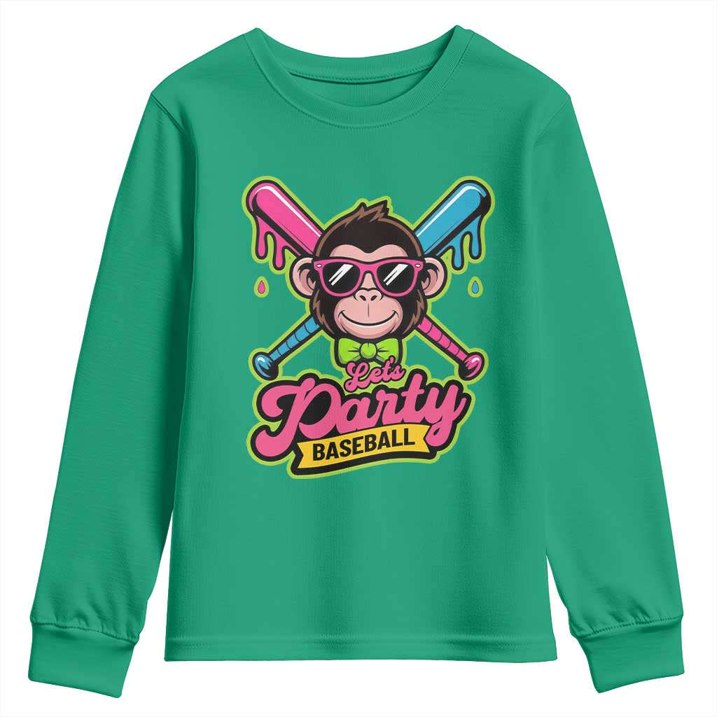 Lets Party Baseball Monkey Game Day Youth Sweatshirt Neon Dripping Bats Funny Baseball Fan Party Ball