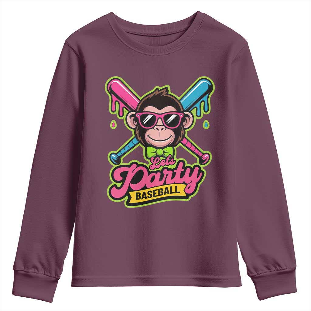 Lets Party Baseball Monkey Game Day Youth Sweatshirt Neon Dripping Bats Funny Baseball Fan Party Ball