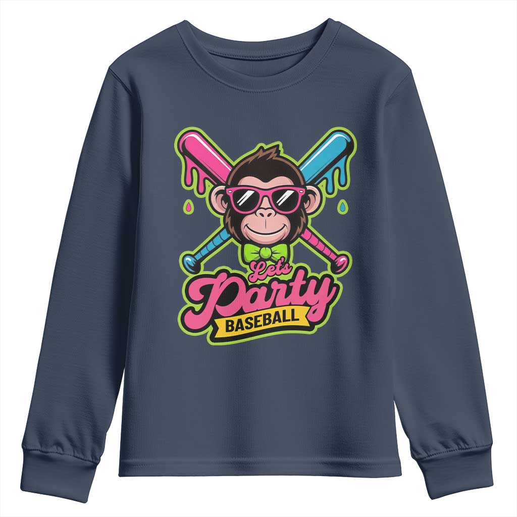 Lets Party Baseball Monkey Game Day Youth Sweatshirt Neon Dripping Bats Funny Baseball Fan Party Ball