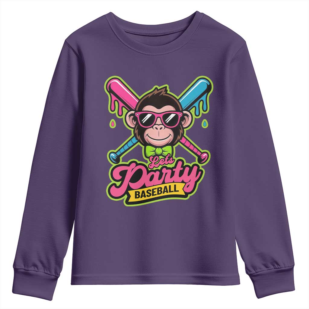 Lets Party Baseball Monkey Game Day Youth Sweatshirt Neon Dripping Bats Funny Baseball Fan Party Ball