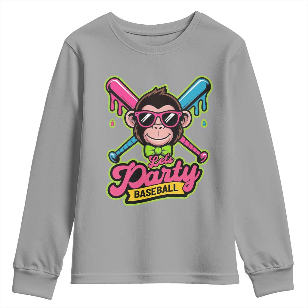 Lets Party Baseball Monkey Game Day Youth Sweatshirt Neon Dripping Bats Funny Baseball Fan Party Ball