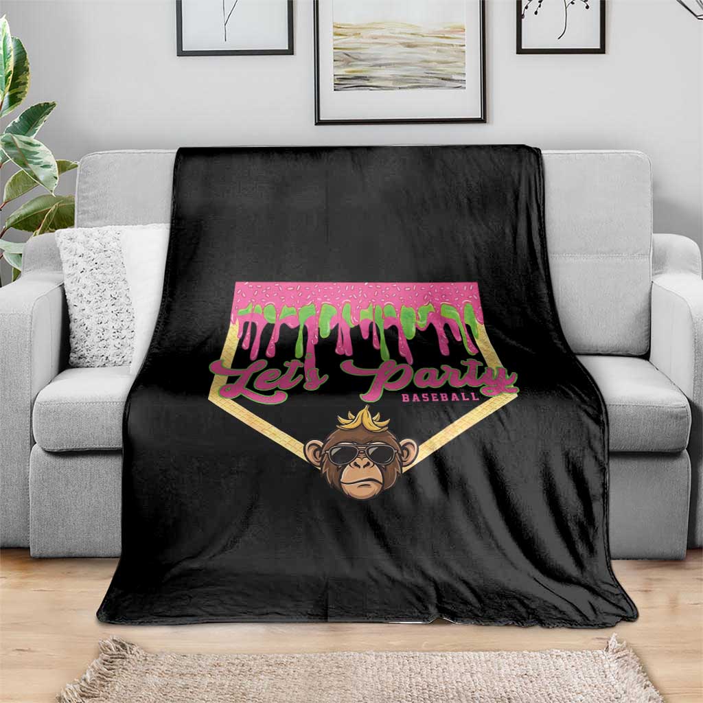 Lets Party Monkey Baseball Game Day Throw Blanket Neon Dripping Homeplate Funny Ball Party Fans