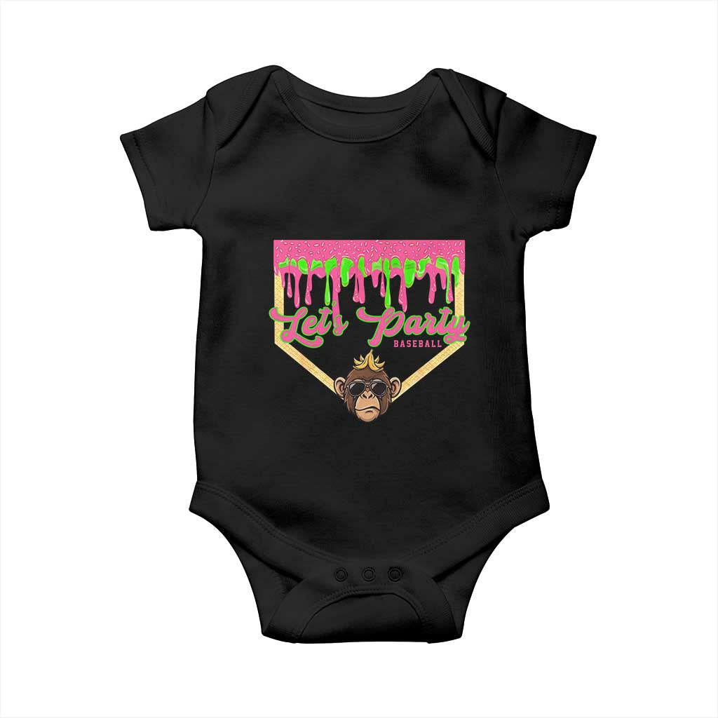 Lets Party Monkey Baseball Game Day Baby Onesie Neon Dripping Homeplate Funny Ball Party Fans