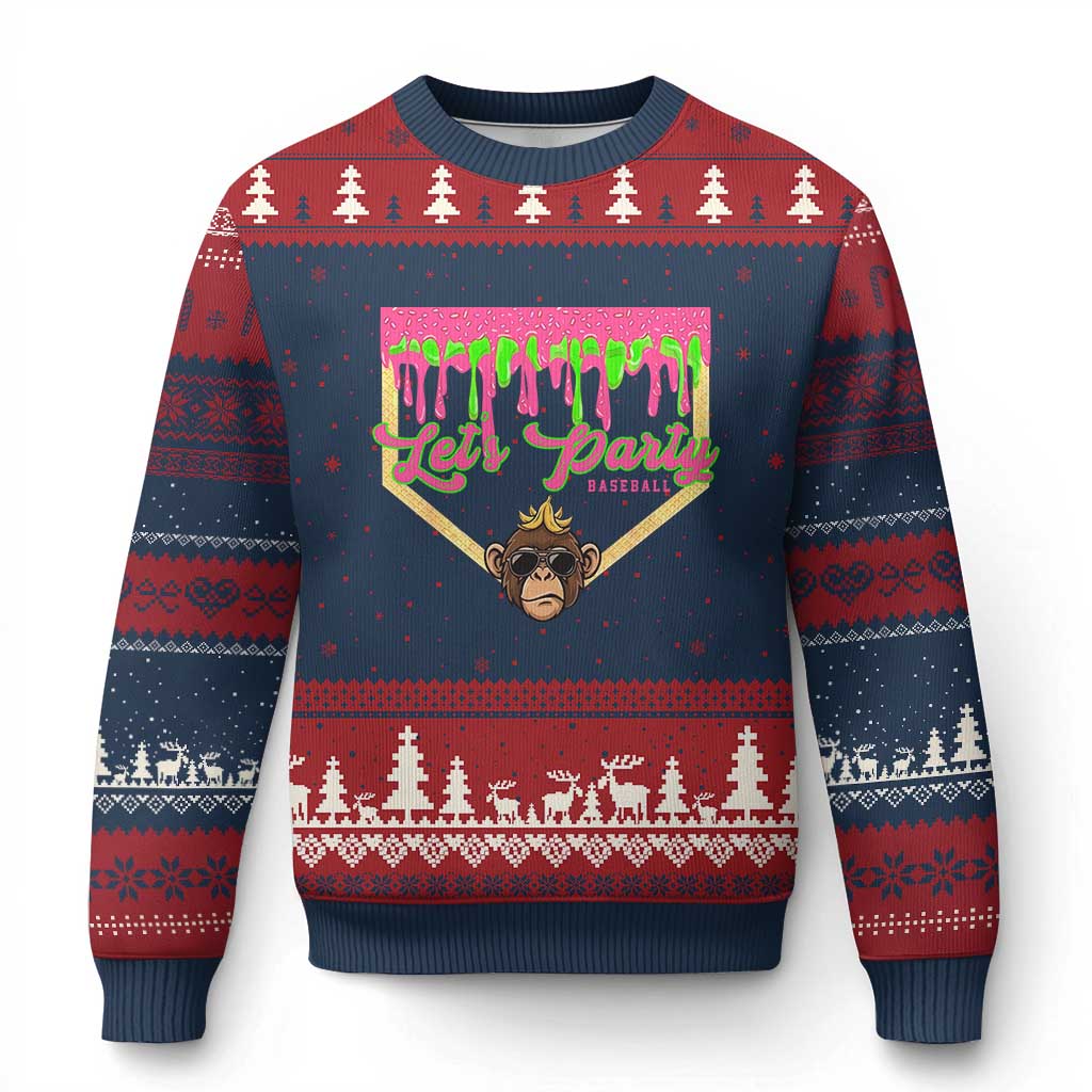 Lets Party Monkey Baseball Game Day Ugly Christmas Sweater Neon Dripping Homeplate Funny Ball Party Fans