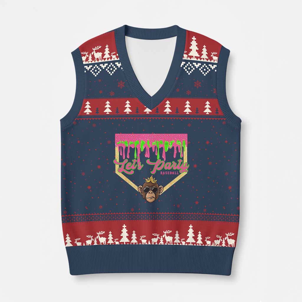 Lets Party Monkey Baseball Game Day V-Neck Knit Sweater Vest Neon Dripping Homeplate Funny Ball Party Fans