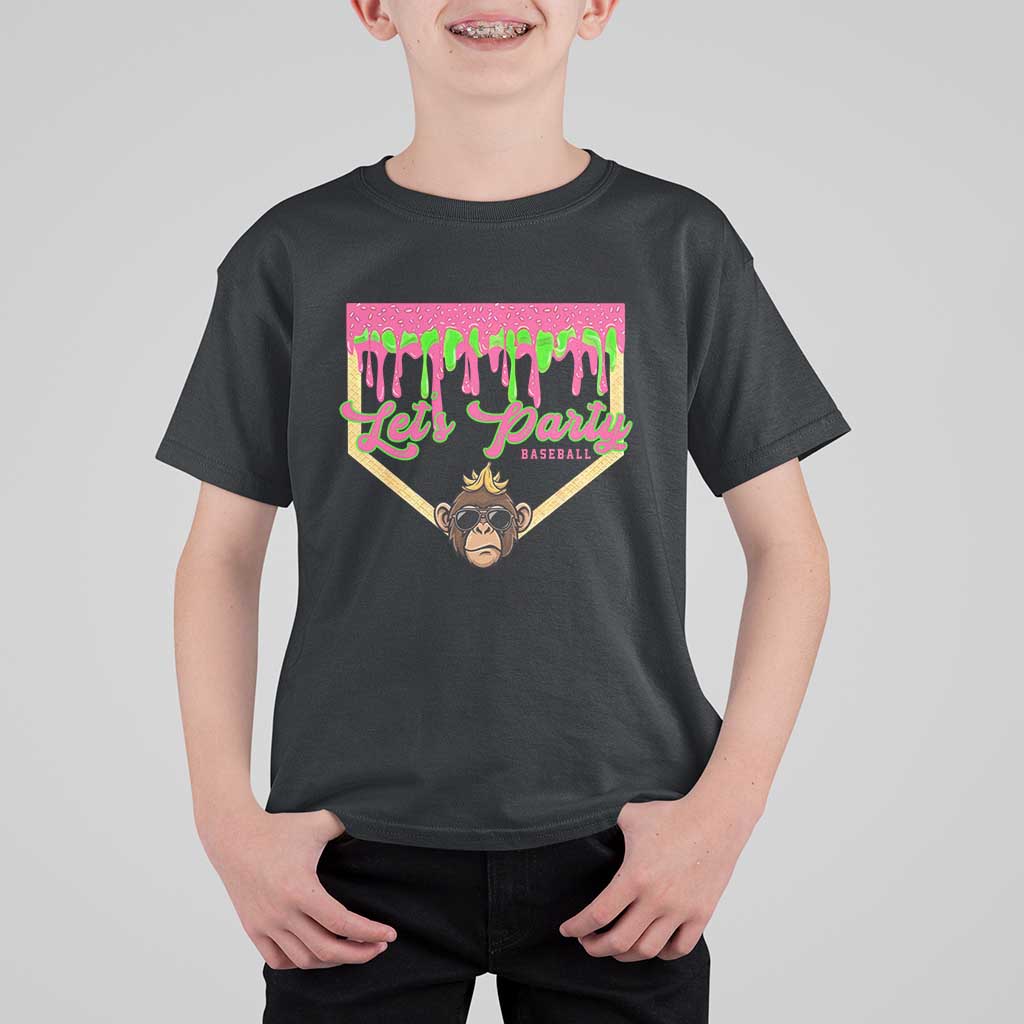 Lets Party Monkey Baseball Game Day T Shirt For Kid Neon Dripping Homeplate Funny Ball Party Fans