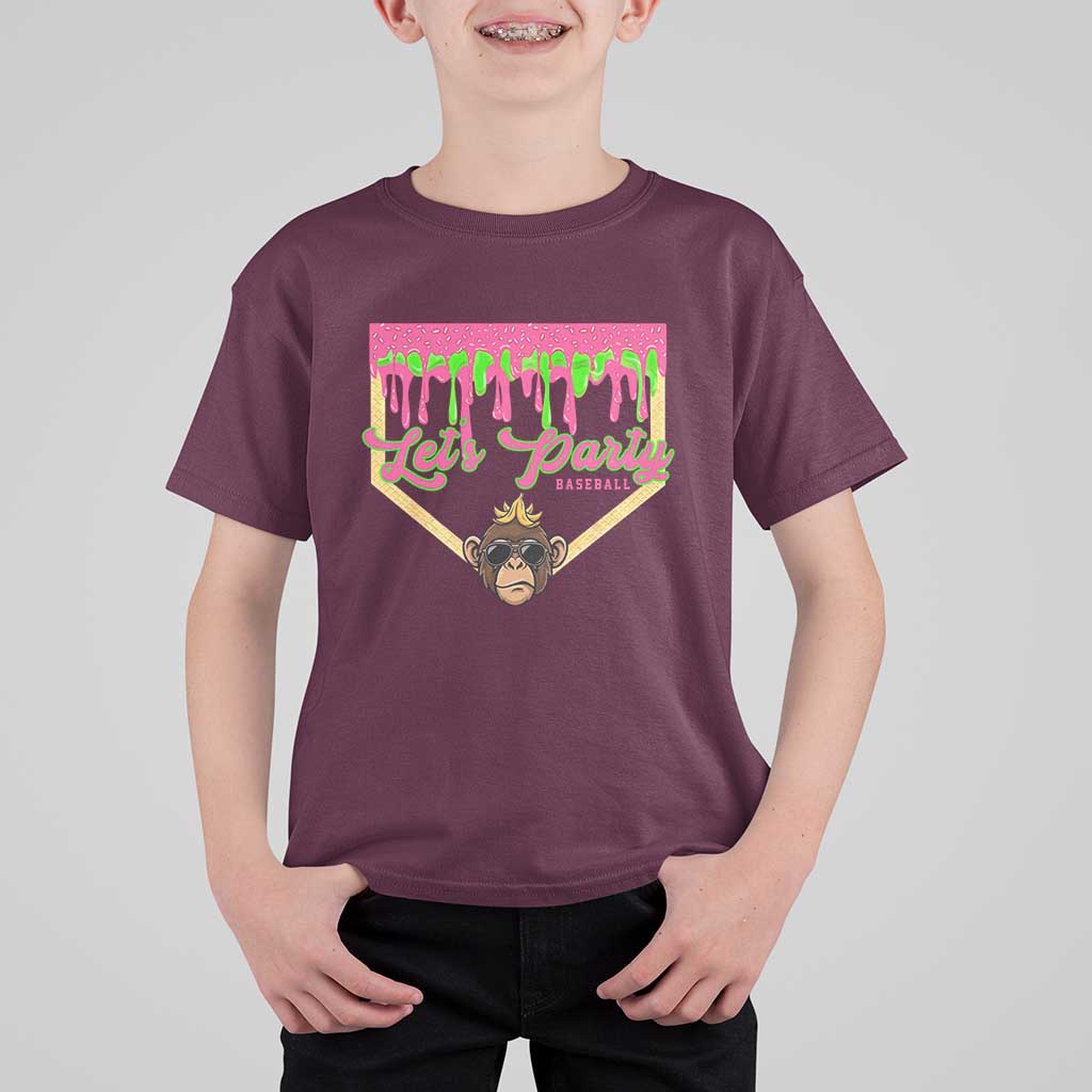 Lets Party Monkey Baseball Game Day T Shirt For Kid Neon Dripping Homeplate Funny Ball Party Fans