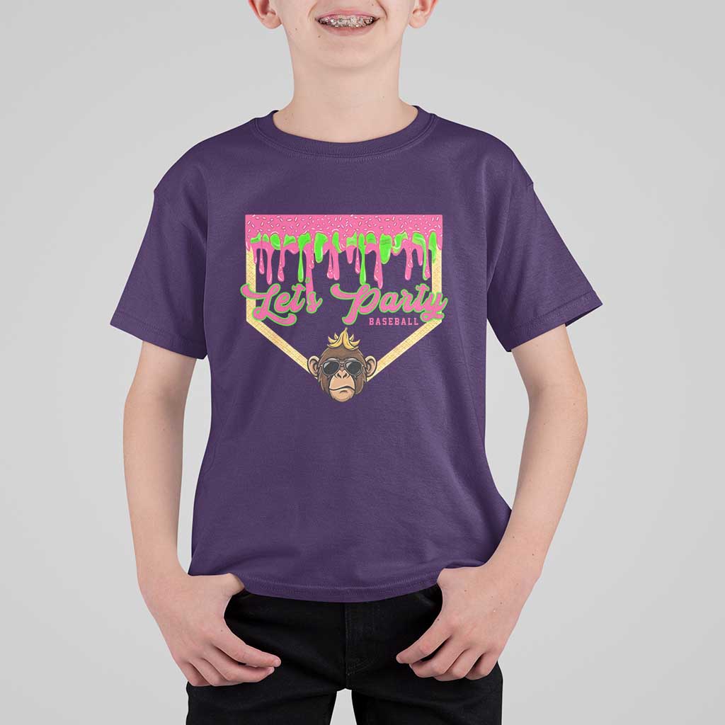 Lets Party Monkey Baseball Game Day T Shirt For Kid Neon Dripping Homeplate Funny Ball Party Fans