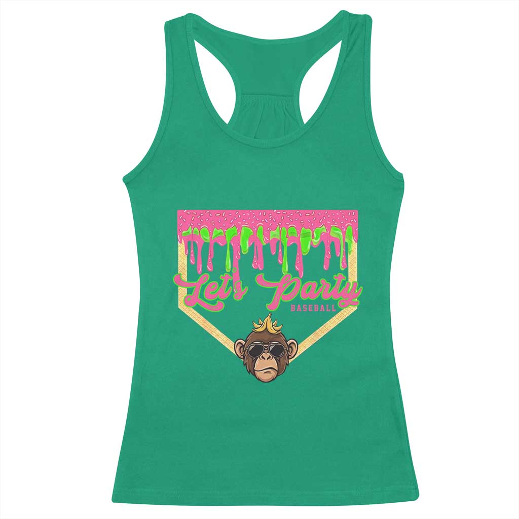 Lets Party Monkey Baseball Game Day Racerback Tank Top Neon Dripping Homeplate Funny Ball Party Fans
