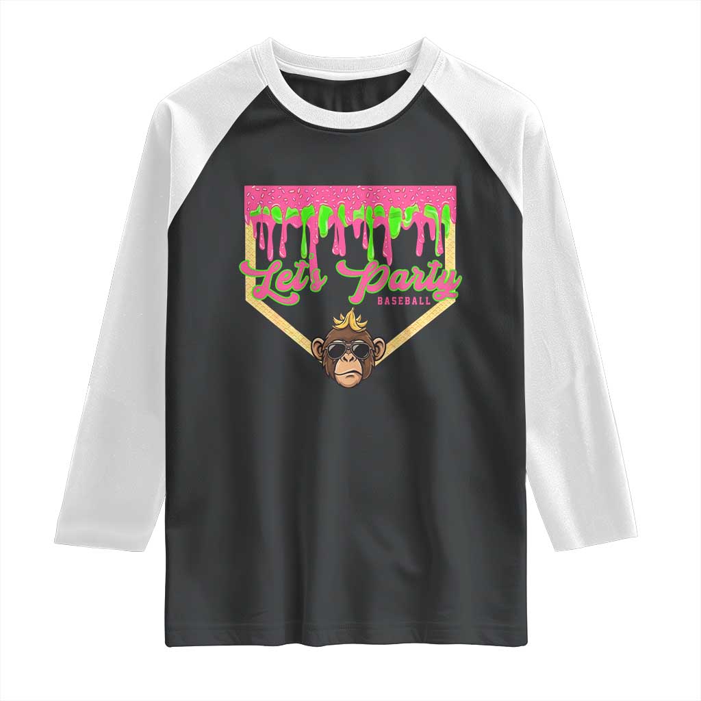 Lets Party Monkey Baseball Game Day Raglan Shirt Neon Dripping Homeplate Funny Ball Party Fans