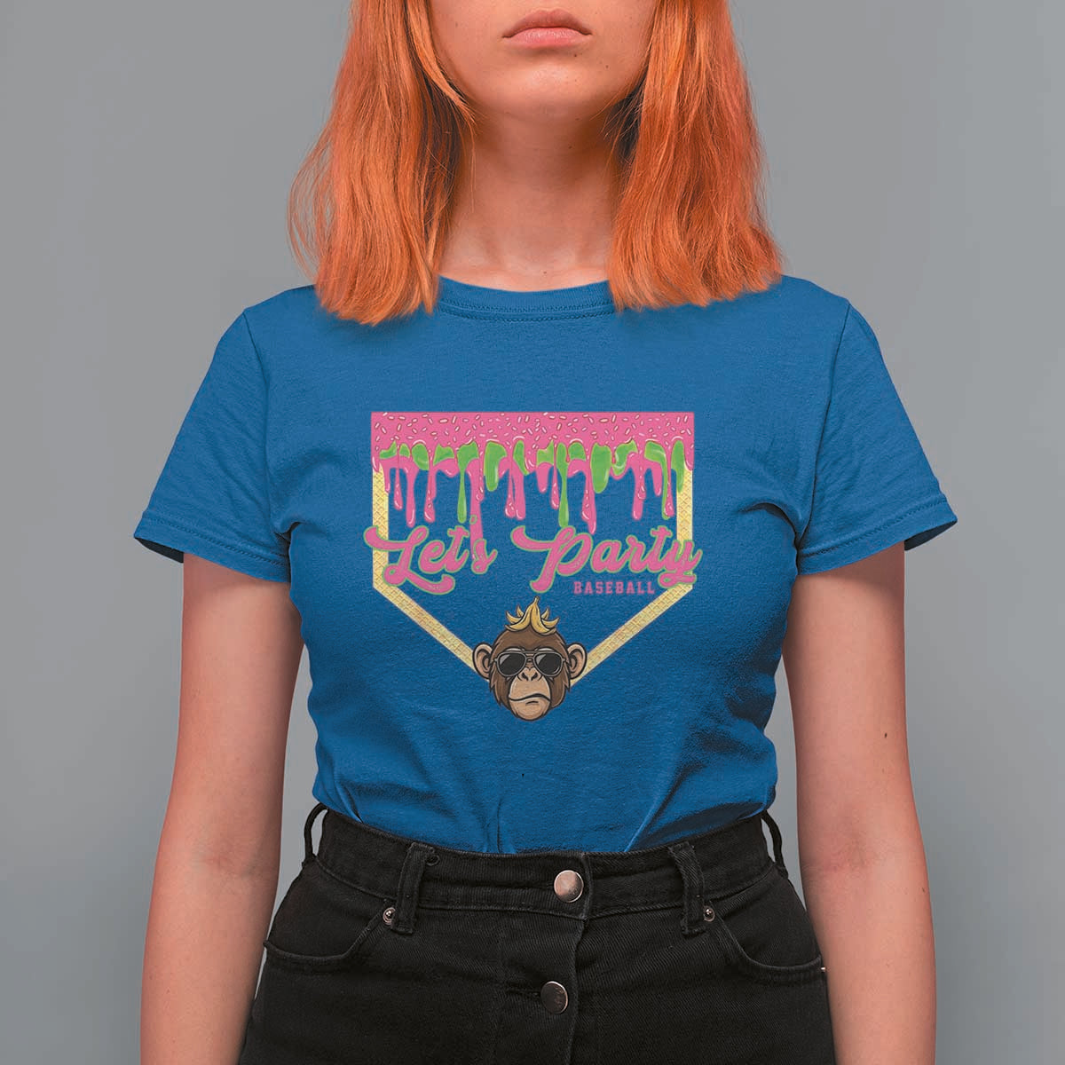 Lets Party Monkey Baseball Game Day T Shirt For Women Neon Dripping Homeplate Funny Ball Party Fans