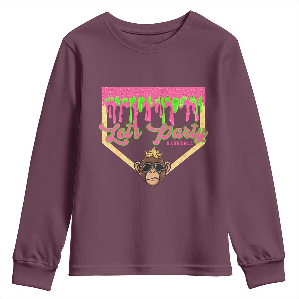 Lets Party Monkey Baseball Game Day Youth Sweatshirt Neon Dripping Homeplate Funny Ball Party Fans