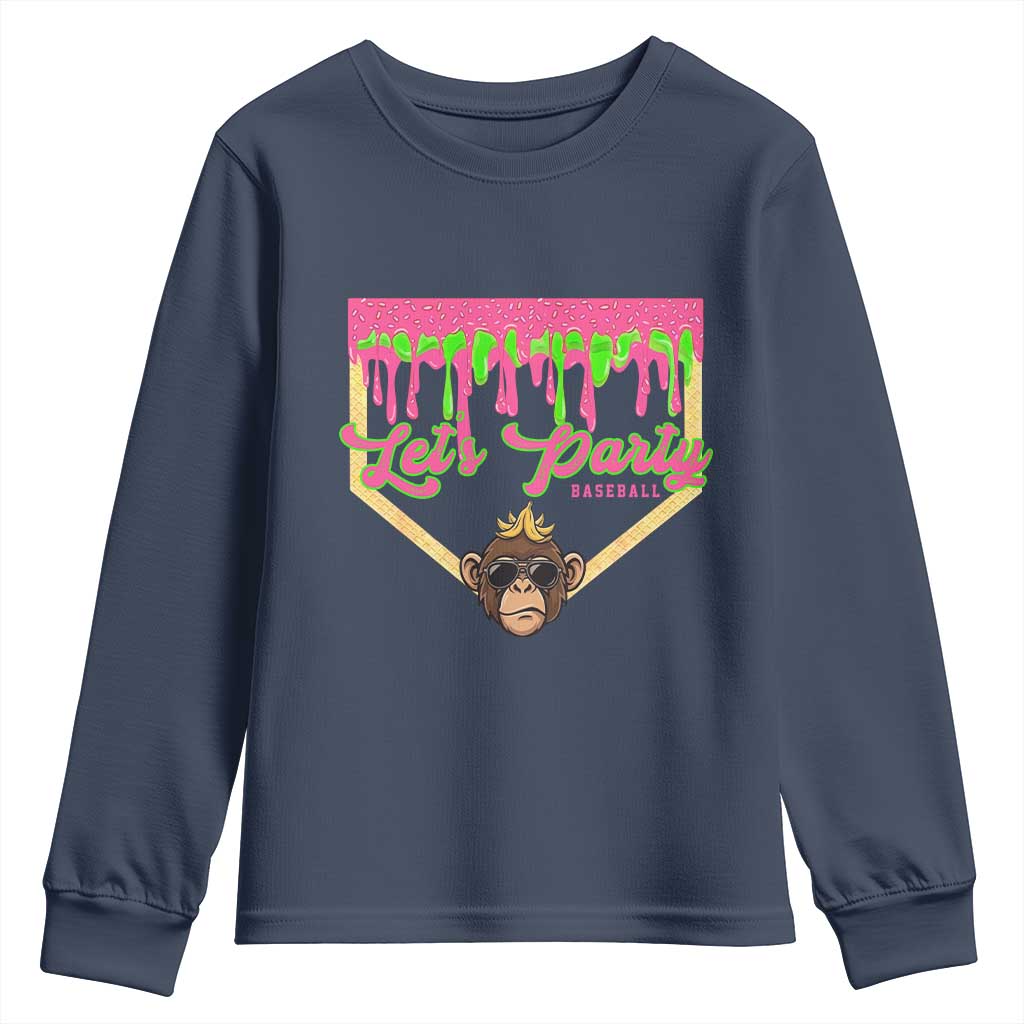 Lets Party Monkey Baseball Game Day Youth Sweatshirt Neon Dripping Homeplate Funny Ball Party Fans