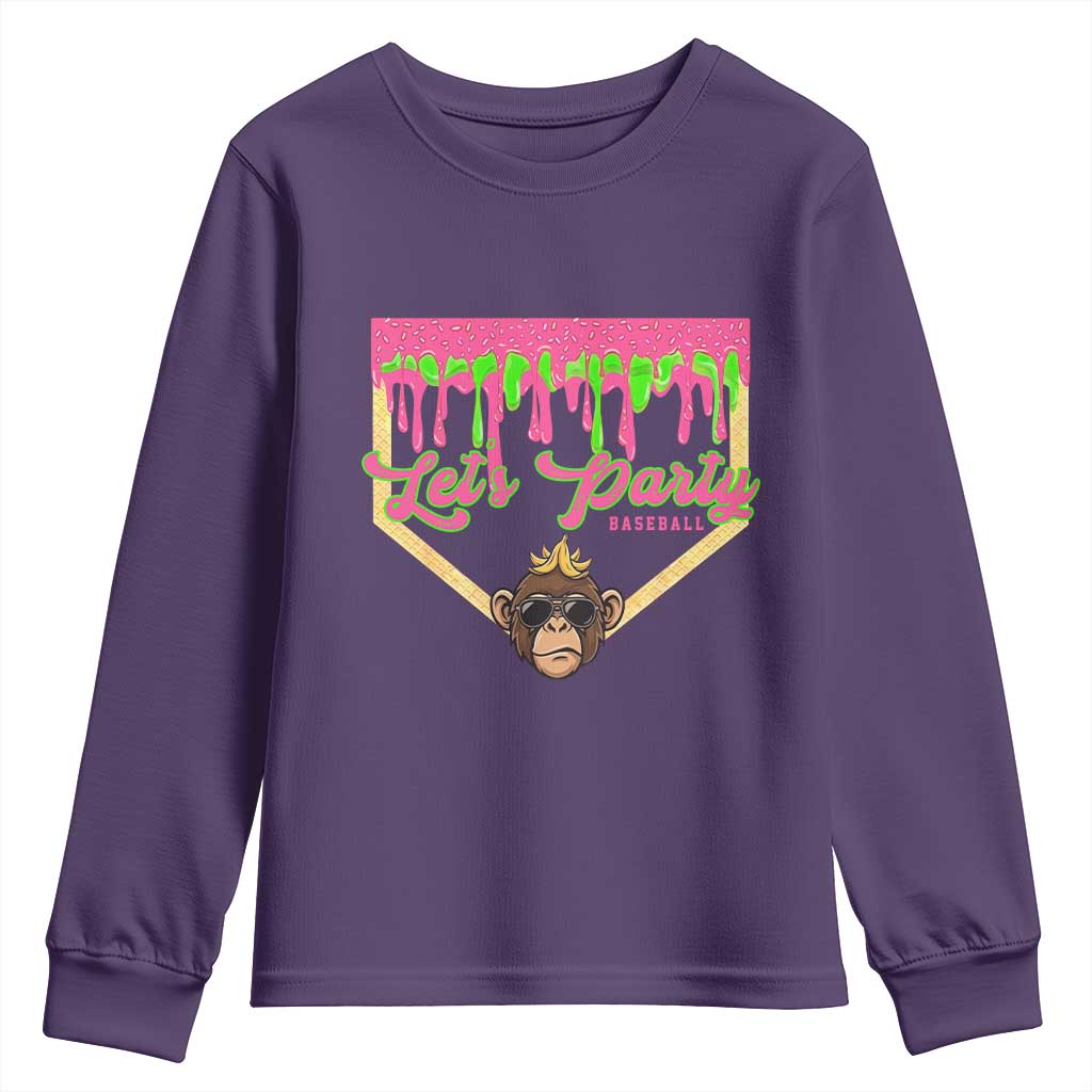 Lets Party Monkey Baseball Game Day Youth Sweatshirt Neon Dripping Homeplate Funny Ball Party Fans