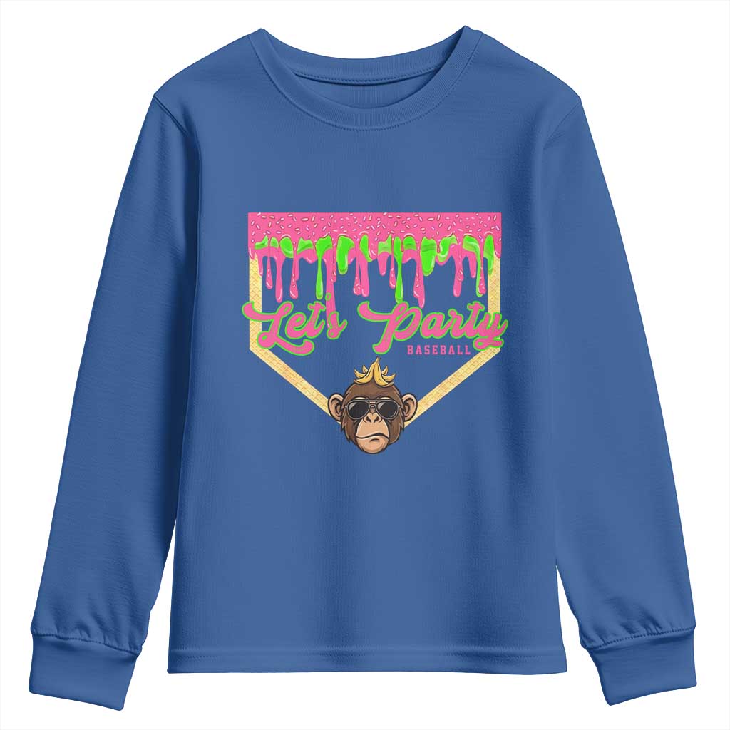 Lets Party Monkey Baseball Game Day Youth Sweatshirt Neon Dripping Homeplate Funny Ball Party Fans