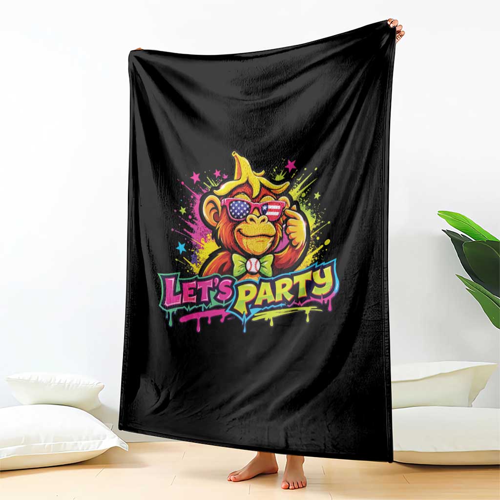 Lets Party Baseball Monkey Colorful Graphic Throw Blanket American Flag Game Day Fans Ball Party Vibes