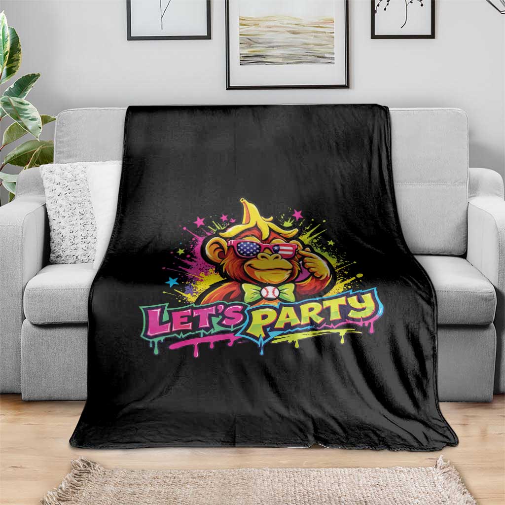 Lets Party Baseball Monkey Colorful Graphic Throw Blanket American Flag Game Day Fans Ball Party Vibes