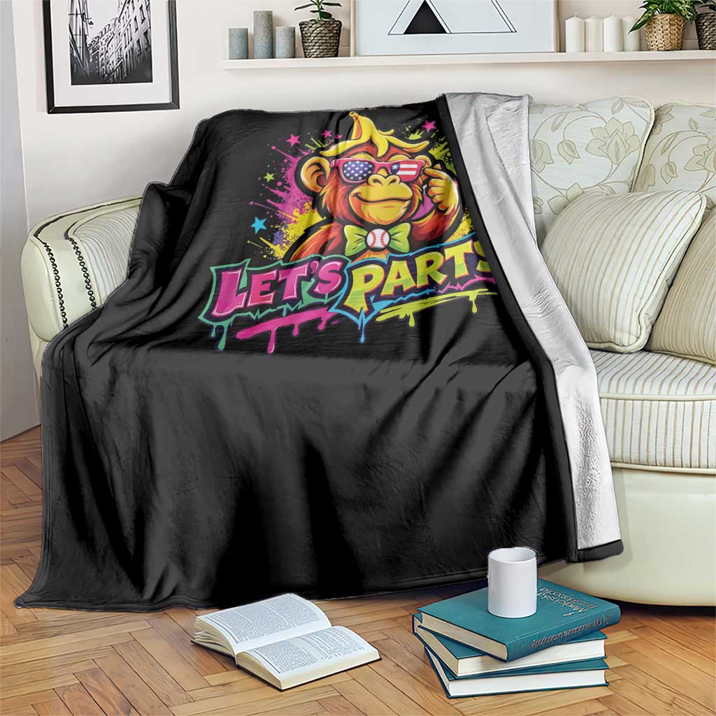 Lets Party Baseball Monkey Colorful Graphic Throw Blanket American Flag Game Day Fans Ball Party Vibes