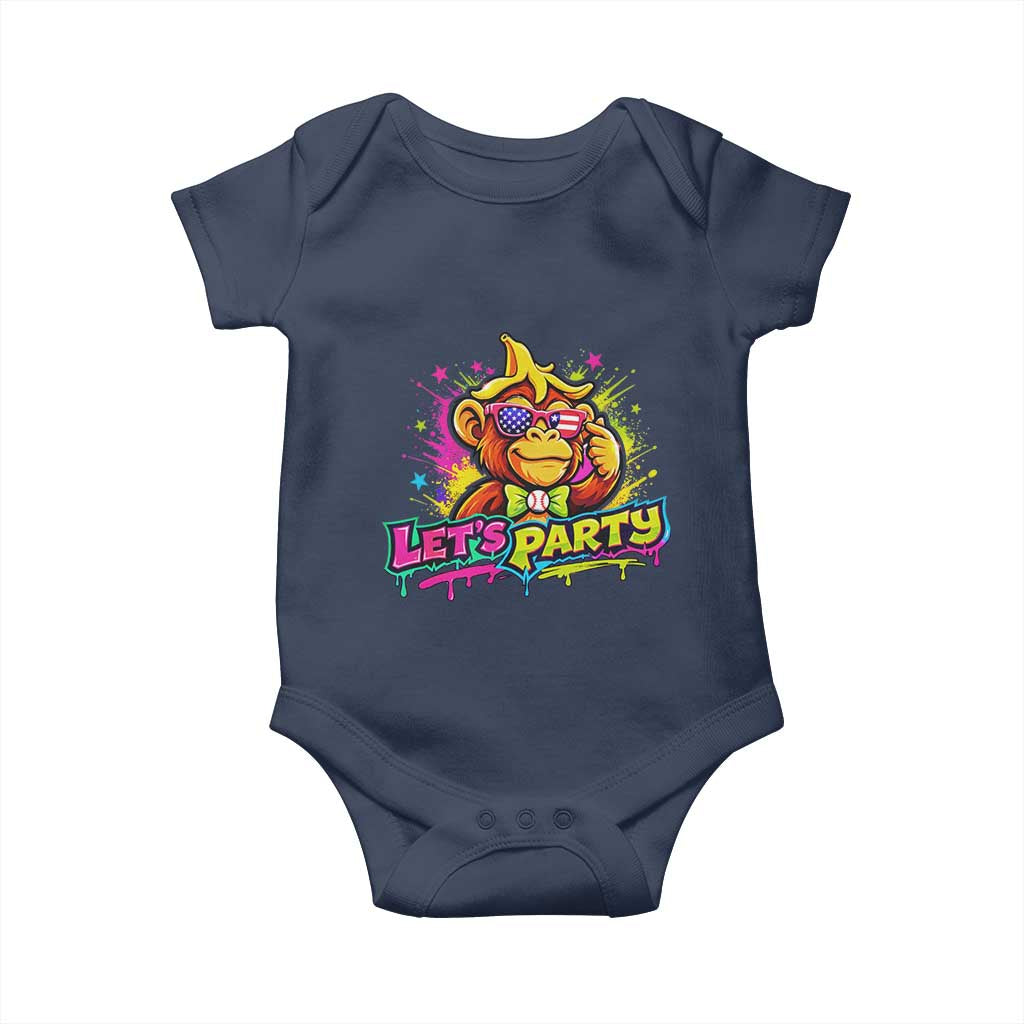 Lets Party Baseball Monkey Colorful Graphic Baby Onesie American Flag Game Day Fans Ball Party Vibes