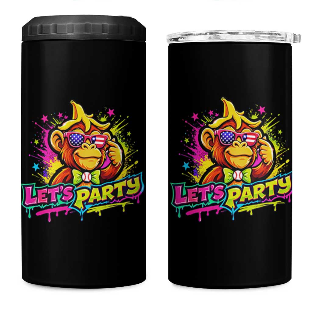 Lets Party Baseball Monkey Colorful Graphic 4 in 1 Can Cooler Tumbler American Flag Game Day Fans Ball Party Vibes