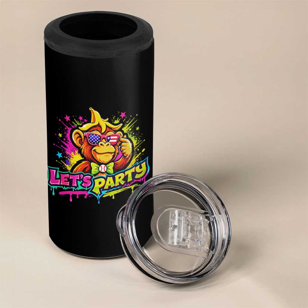 Lets Party Baseball Monkey Colorful Graphic 4 in 1 Can Cooler Tumbler American Flag Game Day Fans Ball Party Vibes