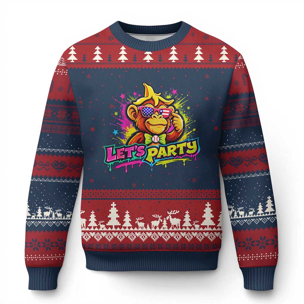 Lets Party Baseball Monkey Colorful Graphic Ugly Christmas Sweater American Flag Game Day Fans Ball Party Vibes