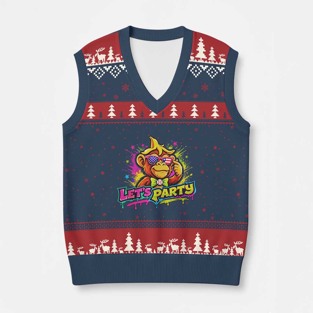 Lets Party Baseball Monkey Colorful Graphic V-Neck Knit Sweater Vest American Flag Game Day Fans Ball Party Vibes