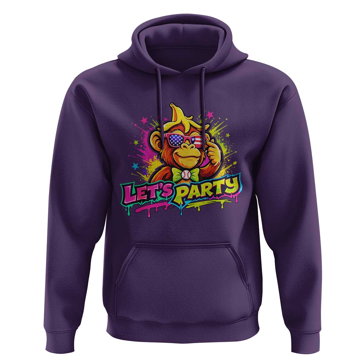Lets Party Baseball Monkey Colorful Graphic Hoodie American Flag Game Day Fans Ball Party Vibes