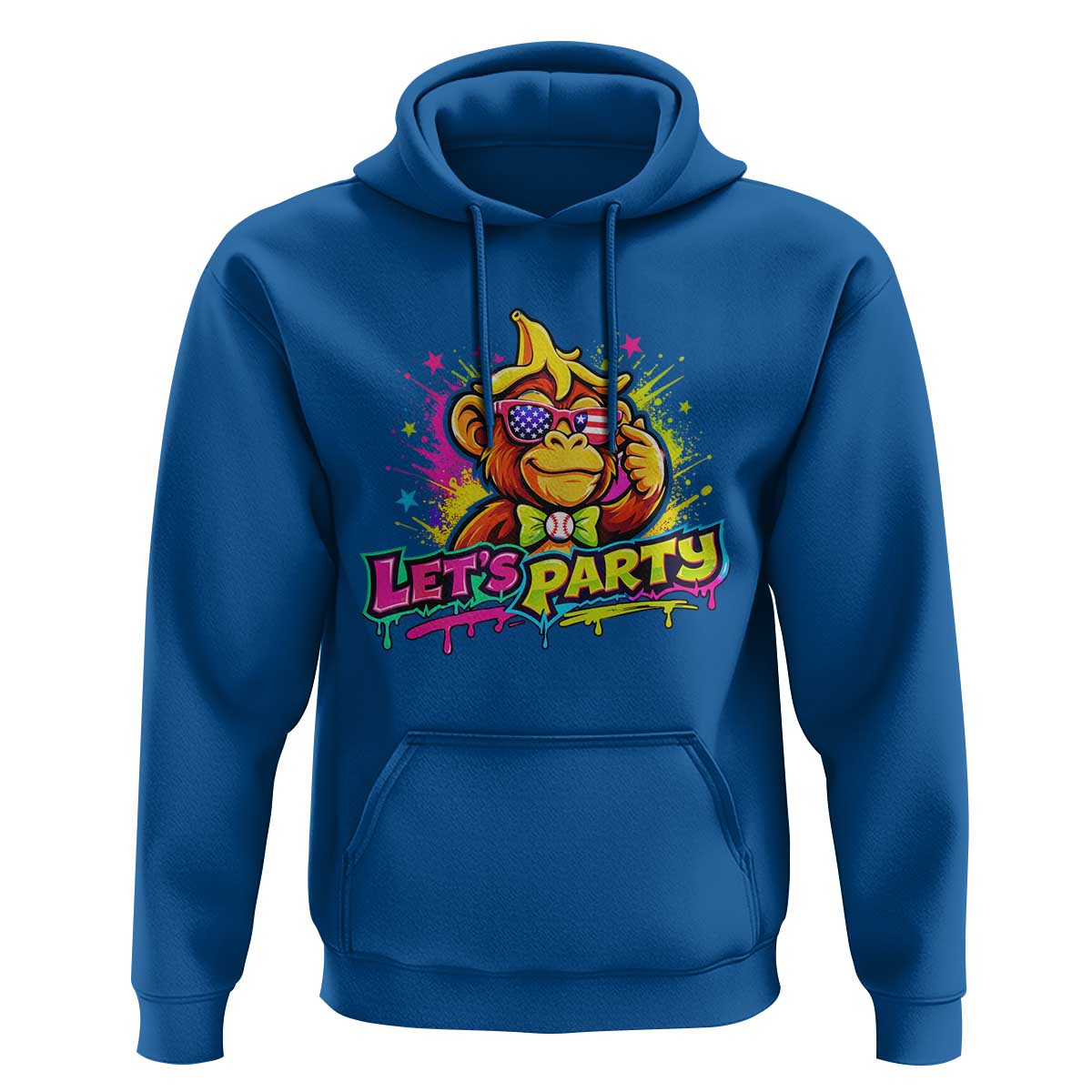 Lets Party Baseball Monkey Colorful Graphic Hoodie American Flag Game Day Fans Ball Party Vibes