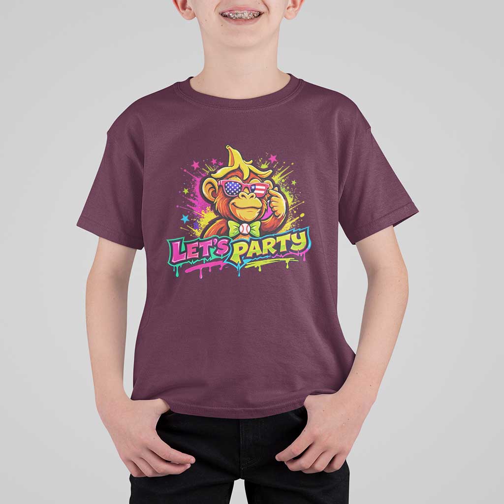 Lets Party Baseball Monkey Colorful Graphic T Shirt For Kid American Flag Game Day Fans Ball Party Vibes