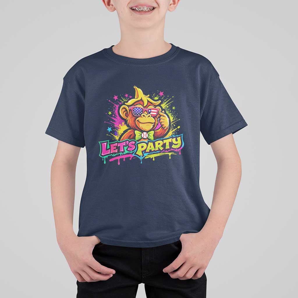 Lets Party Baseball Monkey Colorful Graphic T Shirt For Kid American Flag Game Day Fans Ball Party Vibes