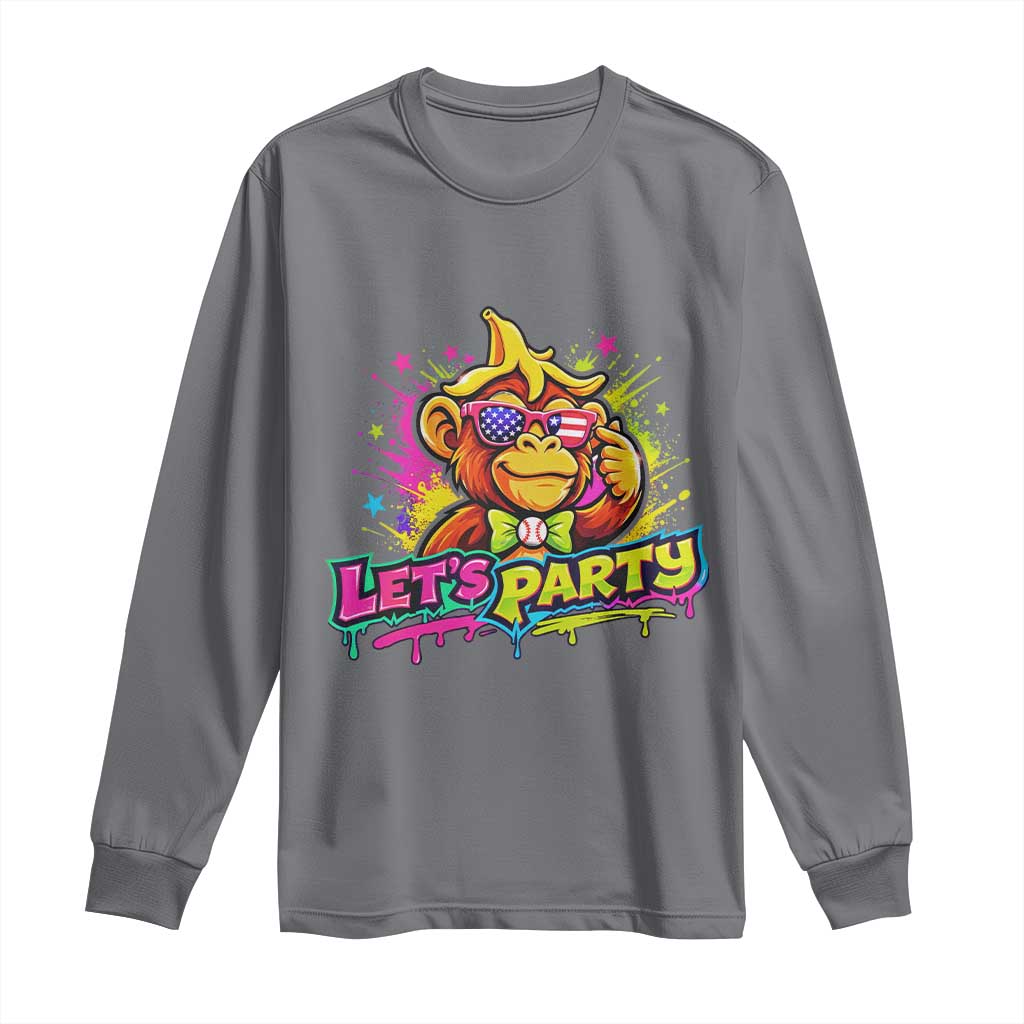 Lets Party Baseball Monkey Colorful Graphic Long Sleeve Shirt American Flag Game Day Fans Ball Party Vibes