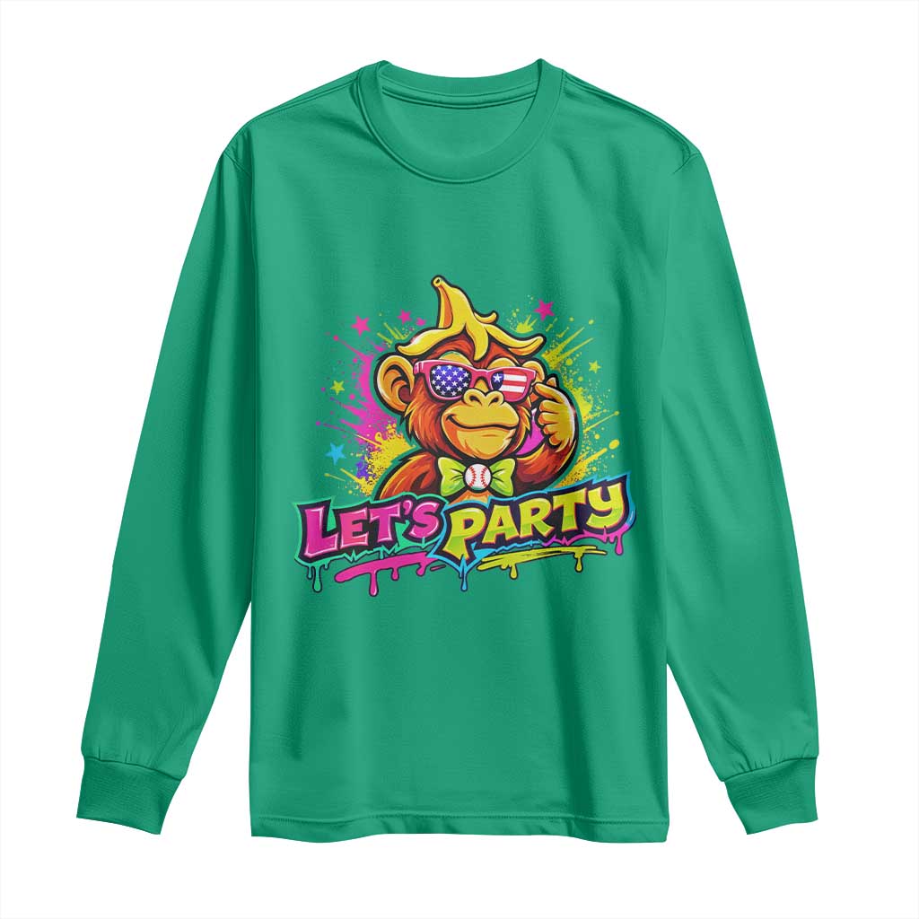 Lets Party Baseball Monkey Colorful Graphic Long Sleeve Shirt American Flag Game Day Fans Ball Party Vibes