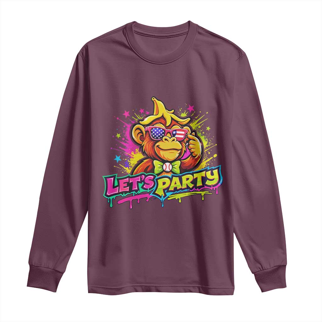 Lets Party Baseball Monkey Colorful Graphic Long Sleeve Shirt American Flag Game Day Fans Ball Party Vibes