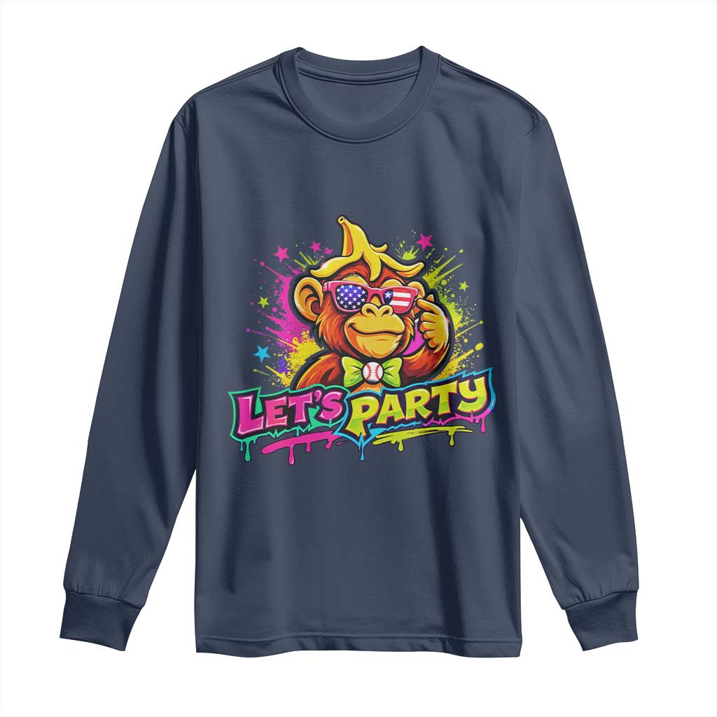 Lets Party Baseball Monkey Colorful Graphic Long Sleeve Shirt American Flag Game Day Fans Ball Party Vibes