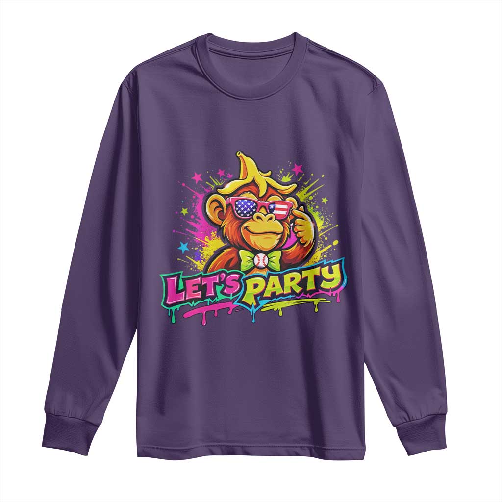 Lets Party Baseball Monkey Colorful Graphic Long Sleeve Shirt American Flag Game Day Fans Ball Party Vibes