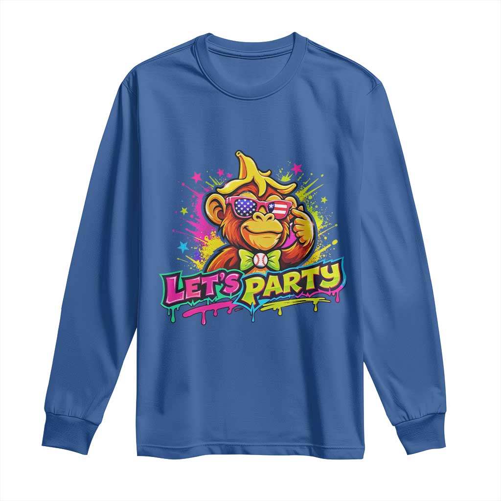 Lets Party Baseball Monkey Colorful Graphic Long Sleeve Shirt American Flag Game Day Fans Ball Party Vibes