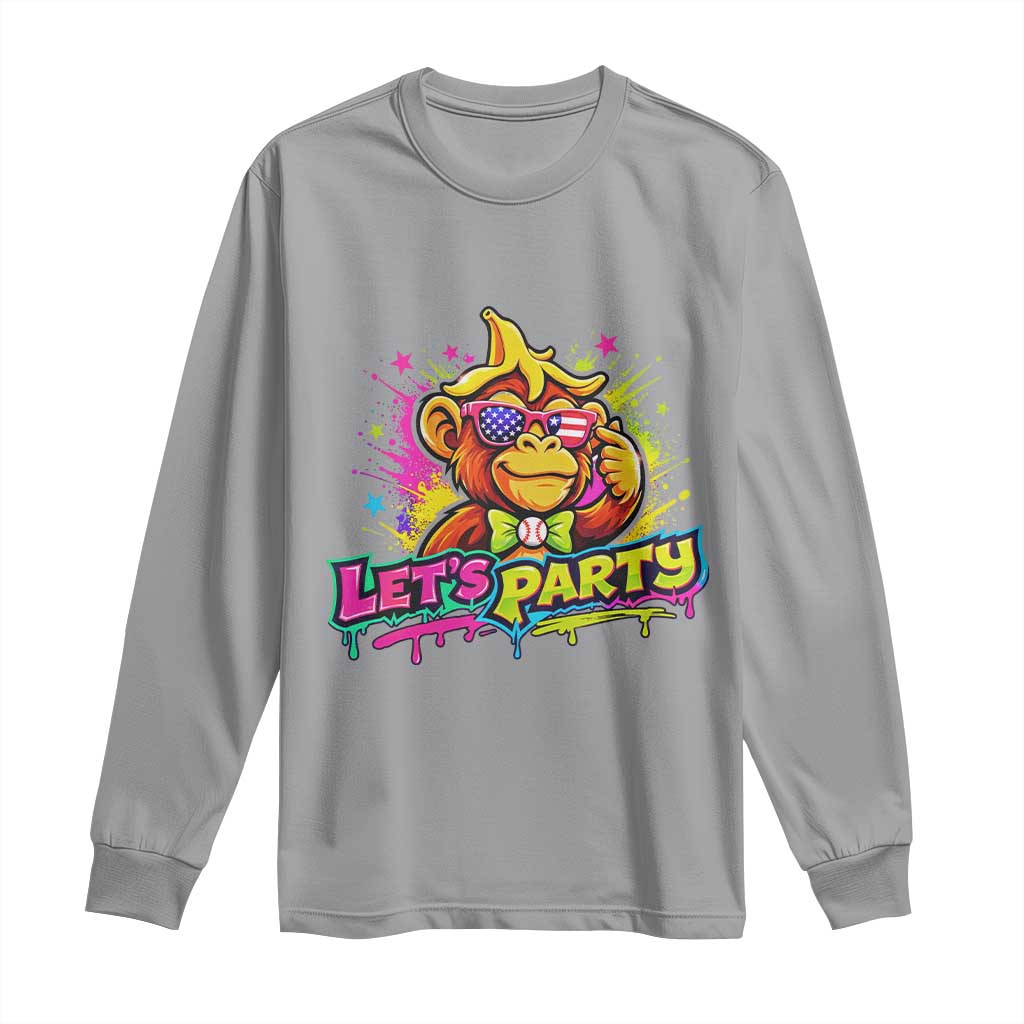 Lets Party Baseball Monkey Colorful Graphic Long Sleeve Shirt American Flag Game Day Fans Ball Party Vibes