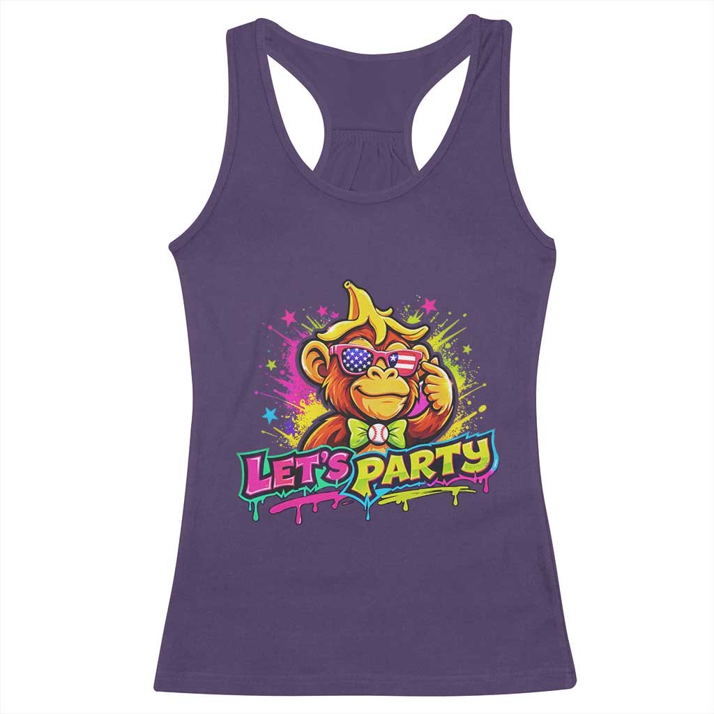Lets Party Baseball Monkey Colorful Graphic Racerback Tank Top American Flag Game Day Fans Ball Party Vibes