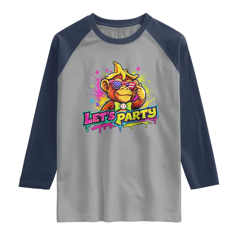 Lets Party Baseball Monkey Colorful Graphic Raglan Shirt American Flag Game Day Fans Ball Party Vibes