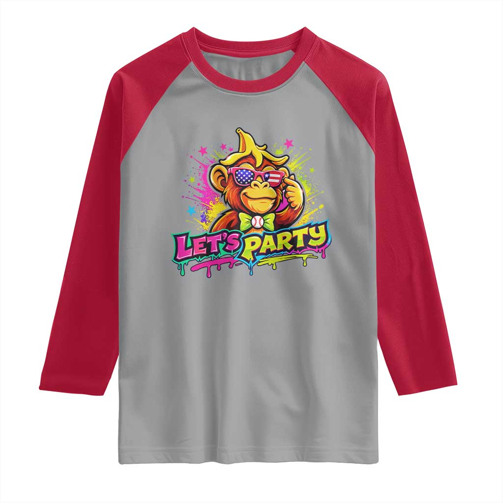 Lets Party Baseball Monkey Colorful Graphic Raglan Shirt American Flag Game Day Fans Ball Party Vibes