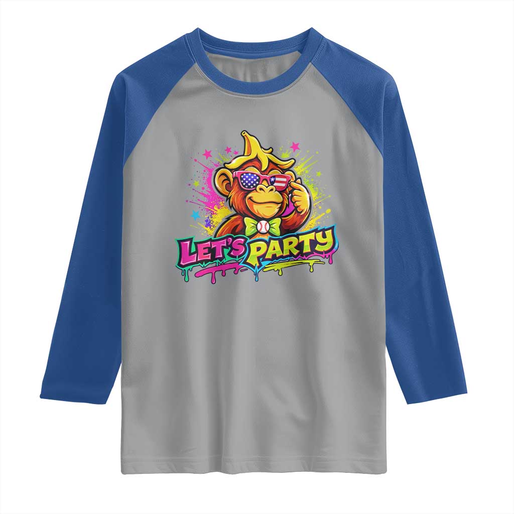 Lets Party Baseball Monkey Colorful Graphic Raglan Shirt American Flag Game Day Fans Ball Party Vibes